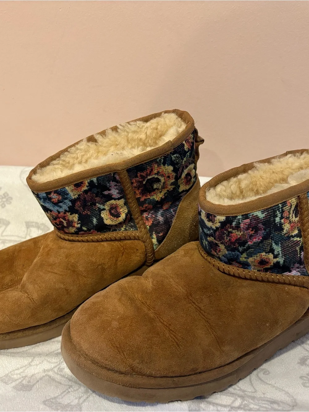 Cozy UGG Brown Suede Ankle Boots with Floral Cuff